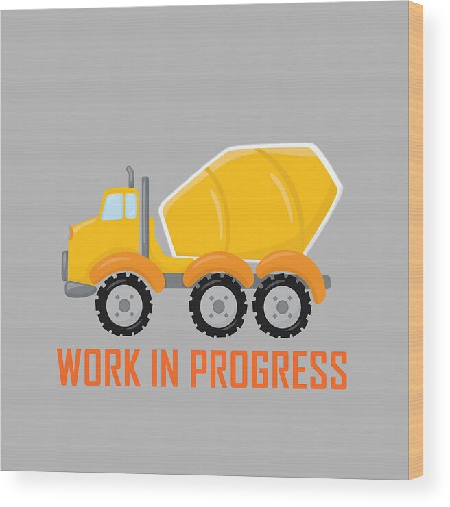 Concrete Wood Print featuring the digital art Construction Zone - Concrete Truck Work In Progress Gifts - Grey Background by KayeCee Spain