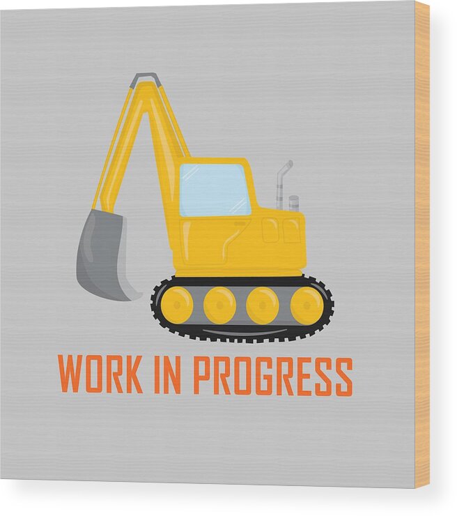 Excavator Wood Print featuring the digital art Construction Zone - Excavator Work In Progress Gifts - Grey Background by KayeCee Spain
