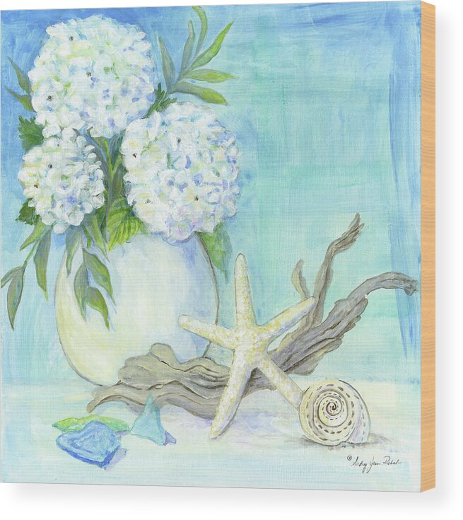 White Hydrangeas Wood Print featuring the painting Cottage at the Shore 1 White Hydrangea Bouquet w Driftwood Starfish Sea Glass and Seashell by Audrey Jeanne Roberts