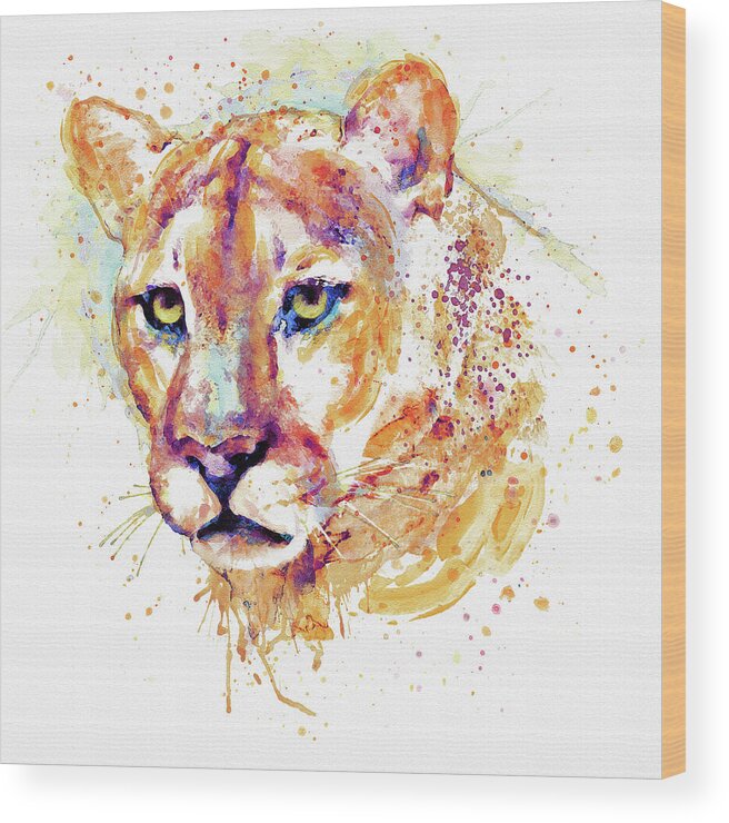 Marian Voicu Wood Print featuring the painting Cougar Head by Marian Voicu
