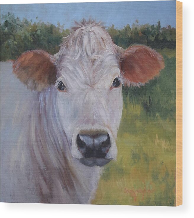 Animal Wood Print featuring the painting Cow Painting Ms Ivory by Cheri Wollenberg