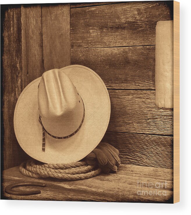 Cowboy Hat Wood Print featuring the photograph Cowboy Hat in Town by American West Legend By Olivier Le Queinec