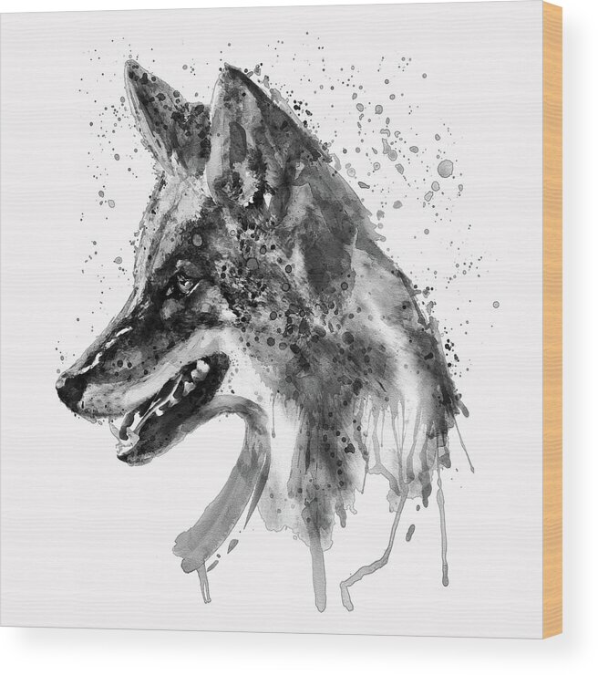 Marian Voicu Wood Print featuring the painting Coyote Head Black and White by Marian Voicu