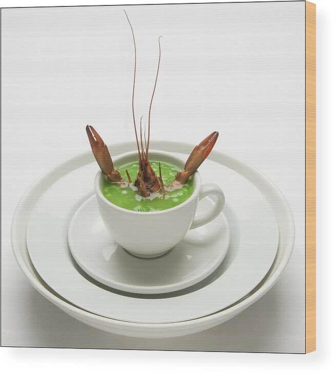 Food Wood Print featuring the photograph Crayfish with pea soup by Frank Lee