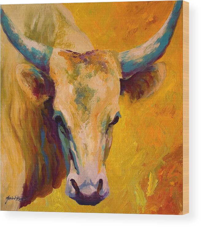 Longhorn Wood Print featuring the painting Creamy Texan - Longhorn by Marion Rose