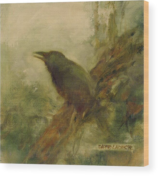 Crow Wood Print featuring the painting Crow 14 by David Ladmore