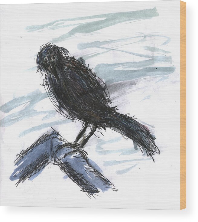 Kevin Callahan Wood Print featuring the painting Crow in the Wind by Kevin Callahan