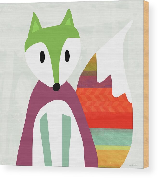 Fox Wood Print featuring the mixed media Cute Purple And Green Fox- Art by Linda Woods by Linda Woods