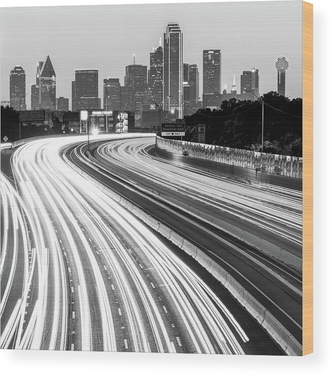 America Wood Print featuring the photograph Dallas Skyline Traffic Black and White - Square 1x1 Format by Gregory Ballos
