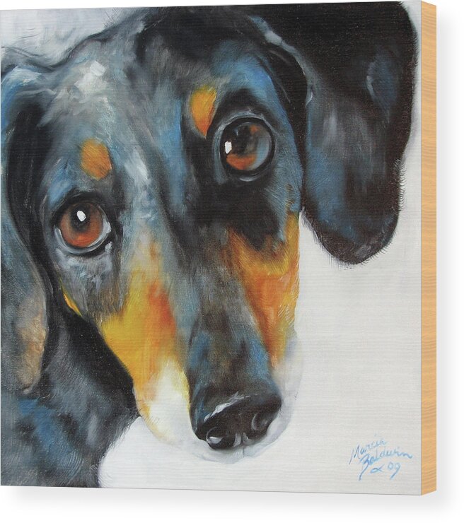 Dachshund Wood Print featuring the painting Dapple Doxie by Marcia Baldwin