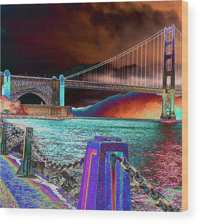 (golden Gate Shoreline)( Golden Gate Bridge) (bay Bridge San Francisco California) Wood Print featuring the photograph Dark Sky at the Golden gate by Tom Kelly