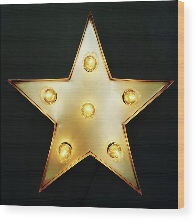 Star Wood Print featuring the photograph Decorative star with light bulbs by GoodMood Art
