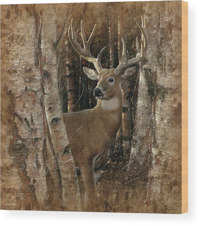 Deer Art Wood Print featuring the painting Deer - Birchwood Buck by Collin Bogle
