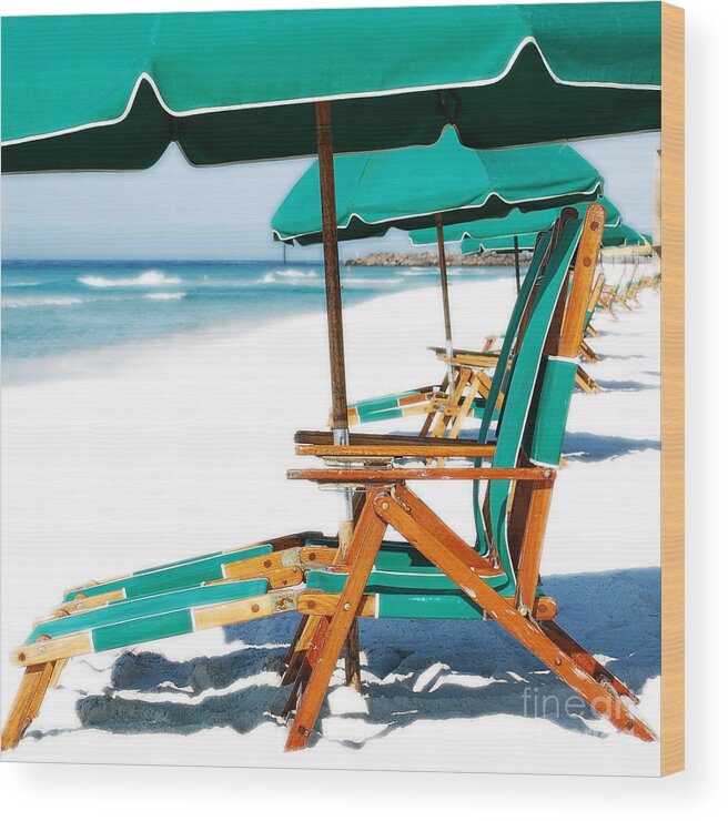 Destin Wood Print featuring the photograph Destin Florida Beach Chairs and Green Umbrellas Square Format Diffuse Glow Digital Art by Shawn O'Brien