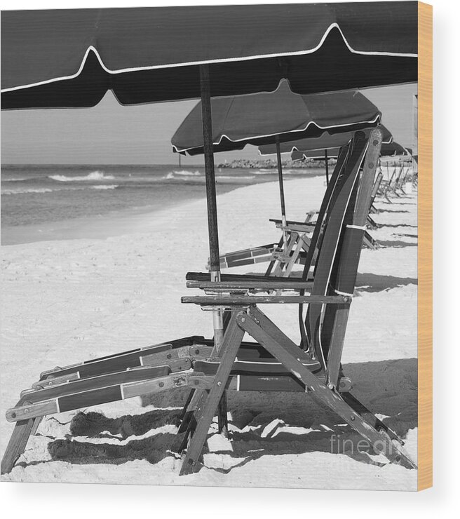 Destin Wood Print featuring the photograph Destin Florida Beach Chairs and Umbrellas Square Format Black and White by Shawn O'Brien