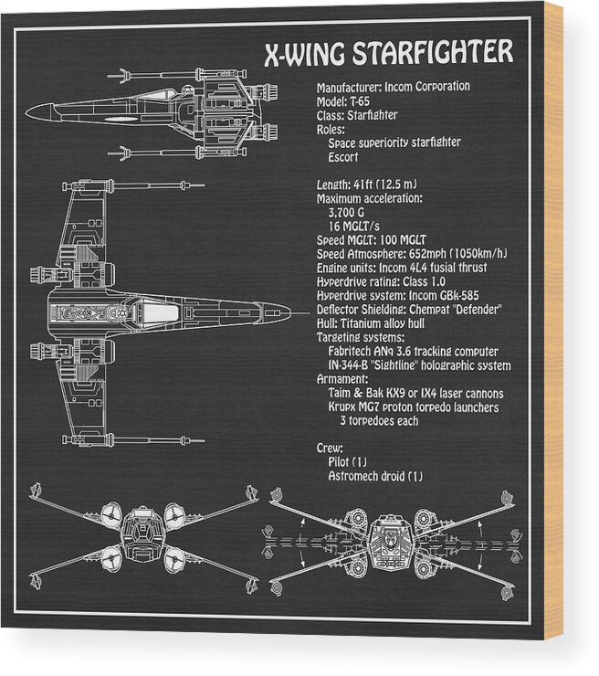 Star Wars Wood Print featuring the digital art Diagram Illustration for the T-65 X-Wing Starfighter from Star Wars with technical data information #3 by SP JE Art