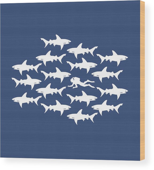 Diving Wood Print featuring the digital art Diver Swimming with Sharks by Antique Images 