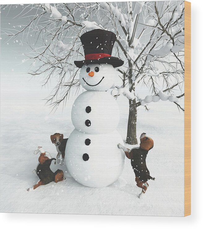 Christmas Wood Print featuring the digital art Dogs discovering a snowman by Jan Keteleer