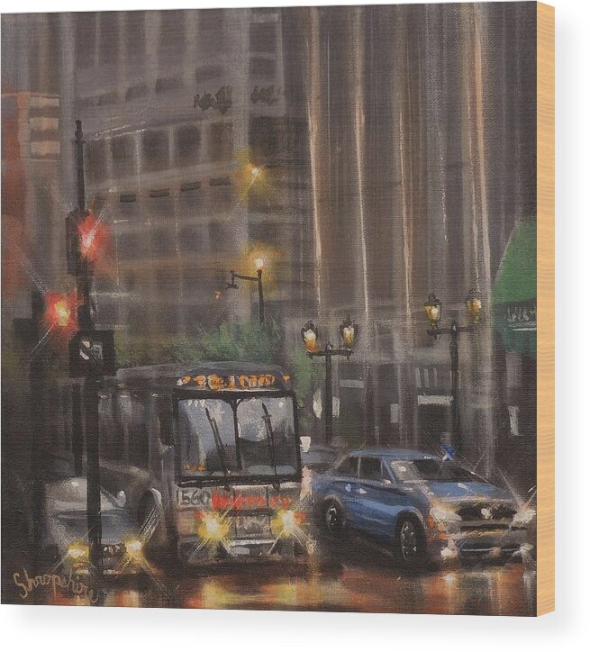 Milwaukee Wood Print featuring the painting Downtown Bus by Tom Shropshire