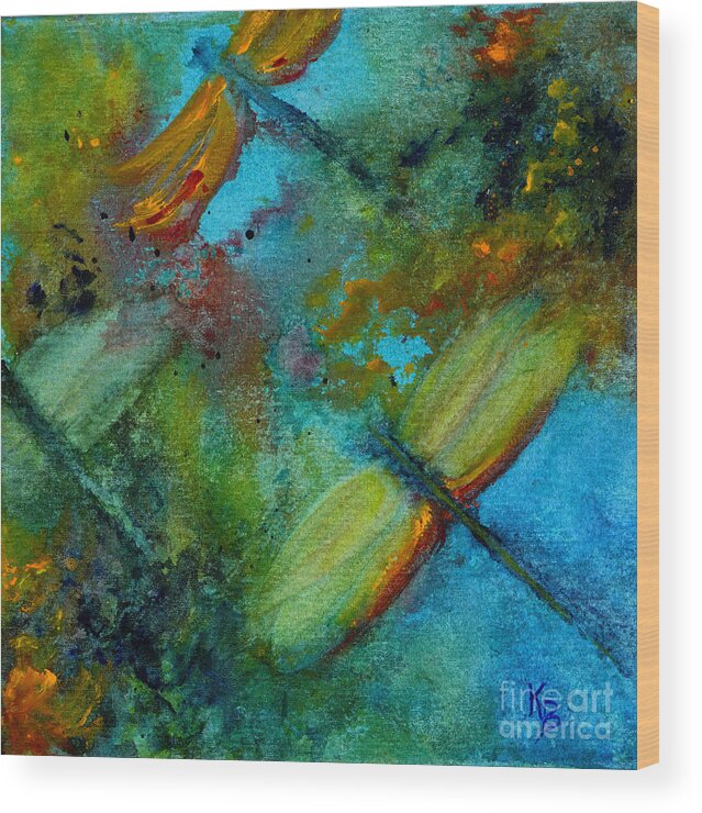 Dragonfly Wood Print featuring the painting Dragonflies by Karen Fleschler