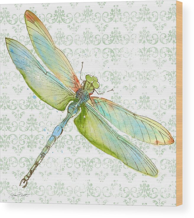 Jean Plout Wood Print featuring the painting Dragonfly Bliss-JP3436 by Jean Plout