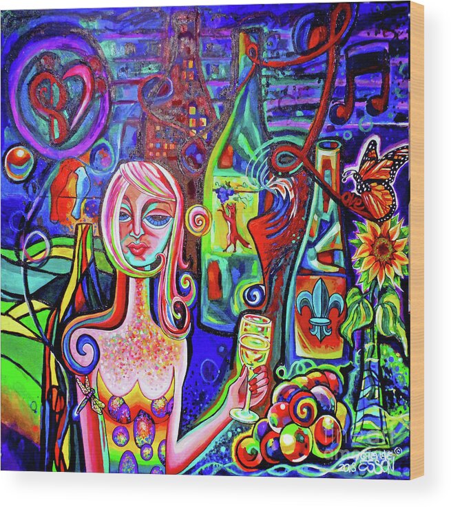 Girl Wood Print featuring the painting Dragonfly Girl With Wine And Grapes WallBall 2018 ORIGINAL by Genevieve Esson