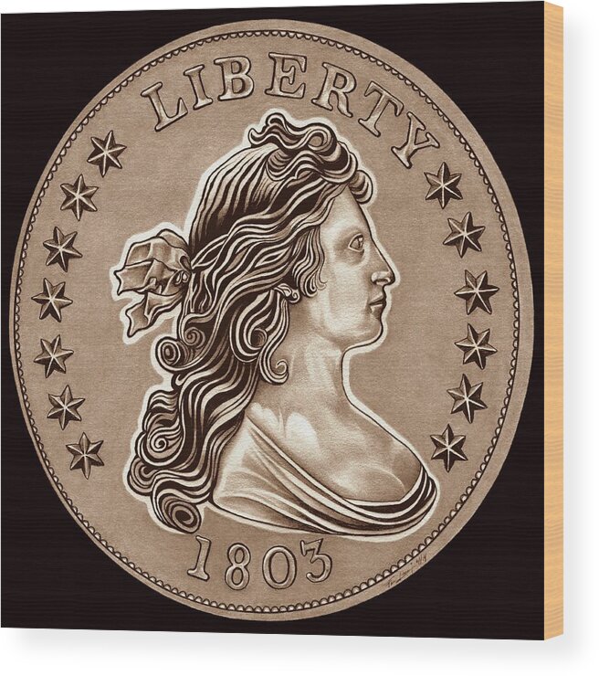 Draped Bust Liberty Dollar Wood Print featuring the drawing Dull Bronze Draped Liberty by Fred Larucci