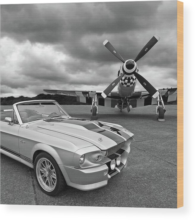 Old Ford Mustang Wood Print featuring the photograph Eleanor Mustang with P51 Black and White by Gill Billington