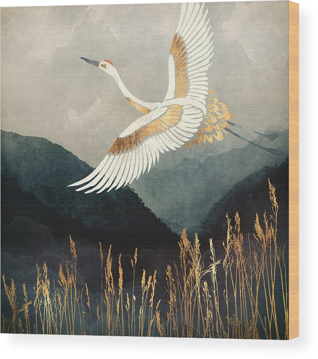 Crane Wood Print featuring the digital art Elegant Flight by Spacefrog Designs