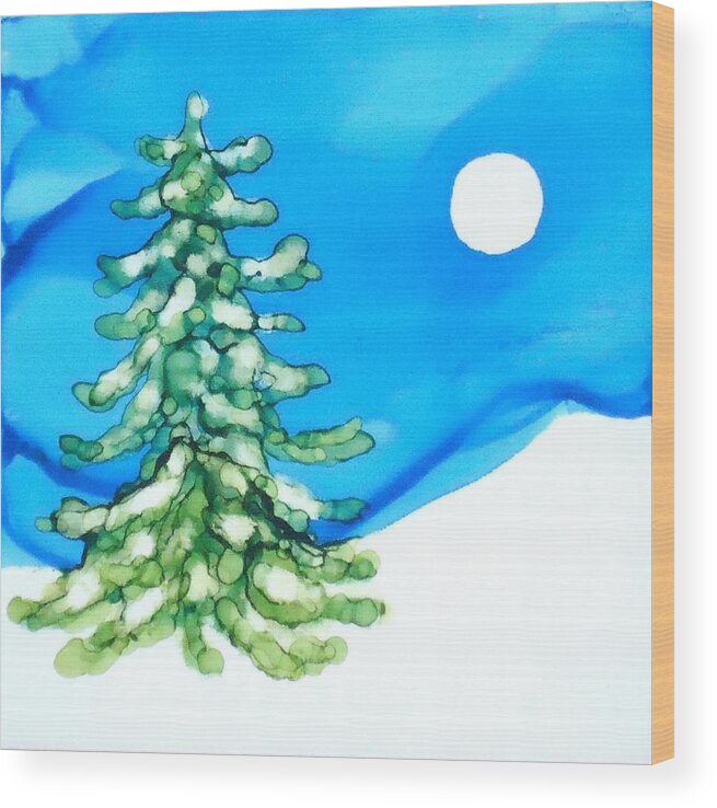 Abstract Wood Print featuring the painting Evergreen Tree in Winter by Laurie Anderson