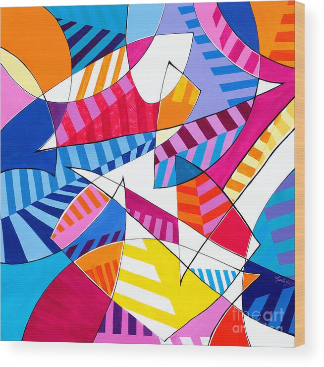 Stripes Colorful Bold Vibrant Geometric Graphic Wood Print featuring the painting Everyway-dimensional stripes by Priscilla Batzell Expressionist Art Studio Gallery