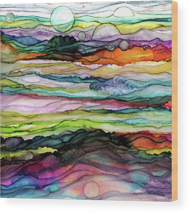 Colorful Abstract Bubbles Blue Orange Purple Pink Turquoise Green Lime Red Waves Wood Print featuring the painting Fantascape by Brenda Salamone