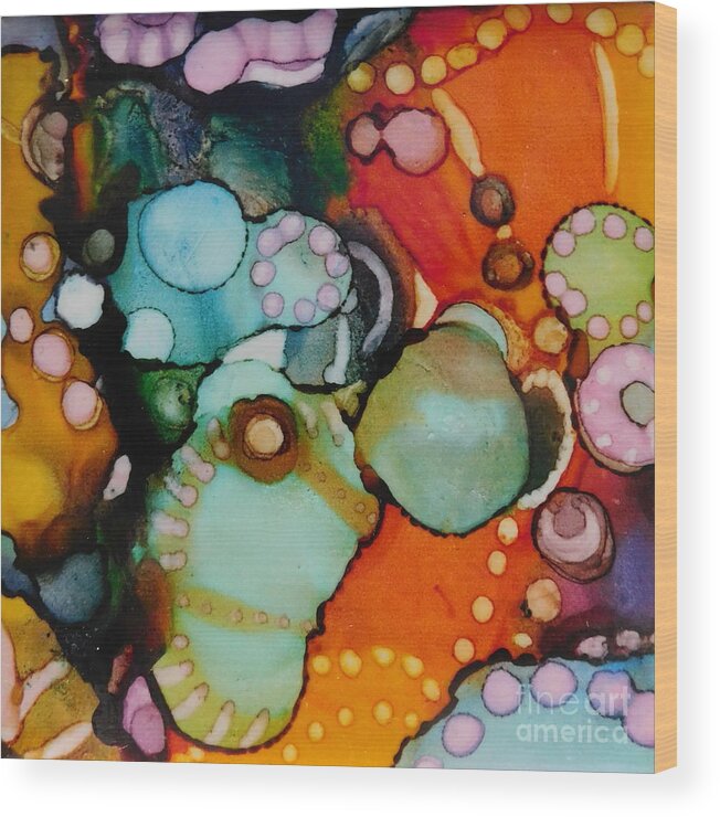 Abstract Design In All The Colors Of The Rainbow - Vibrant Colors Of Red Wood Print featuring the painting Fantasy #6 by Joan Clear