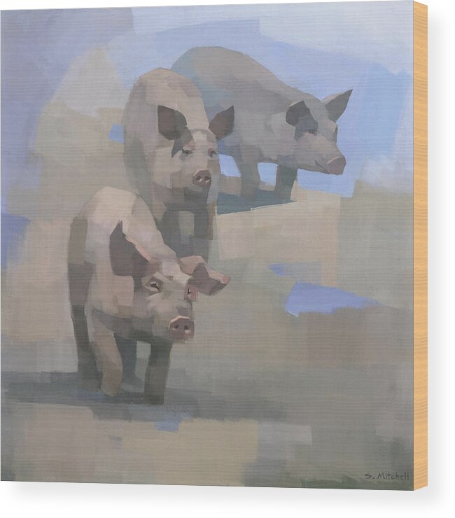 Pigs Wood Print featuring the painting Feed Time by Steve Mitchell