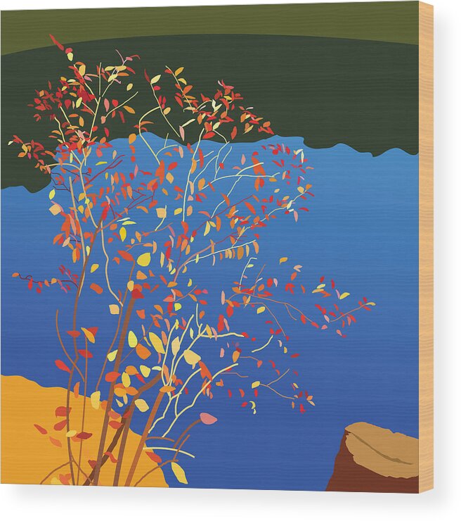 Water Wood Print featuring the painting Fiery Bush by Marian Federspiel