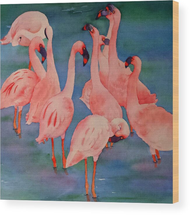Flamingos Wood Print featuring the painting Flamingo Convention in the Square by Judy Mercer