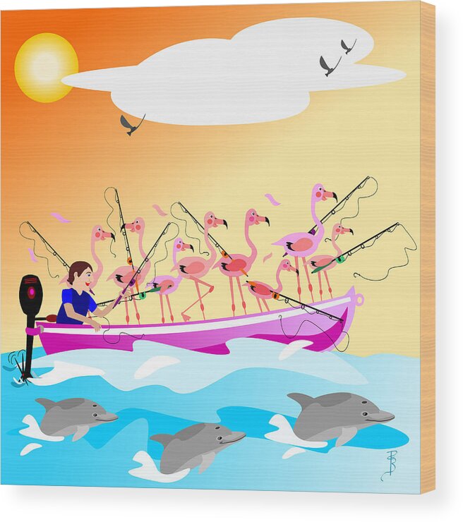 Flamingo Wood Print featuring the digital art Flamingo fishing by Debra Baldwin