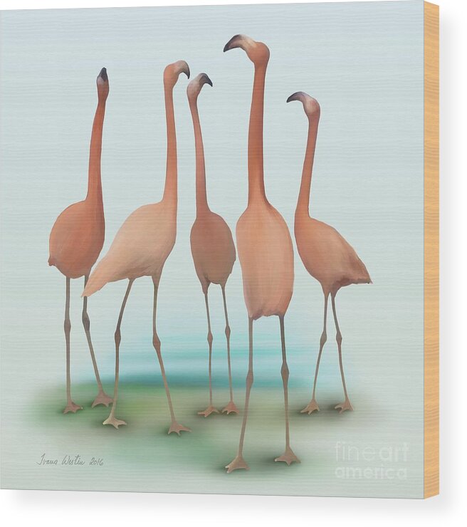 Drawing Wood Print featuring the painting Flamingo Mingle by Ivana Westin