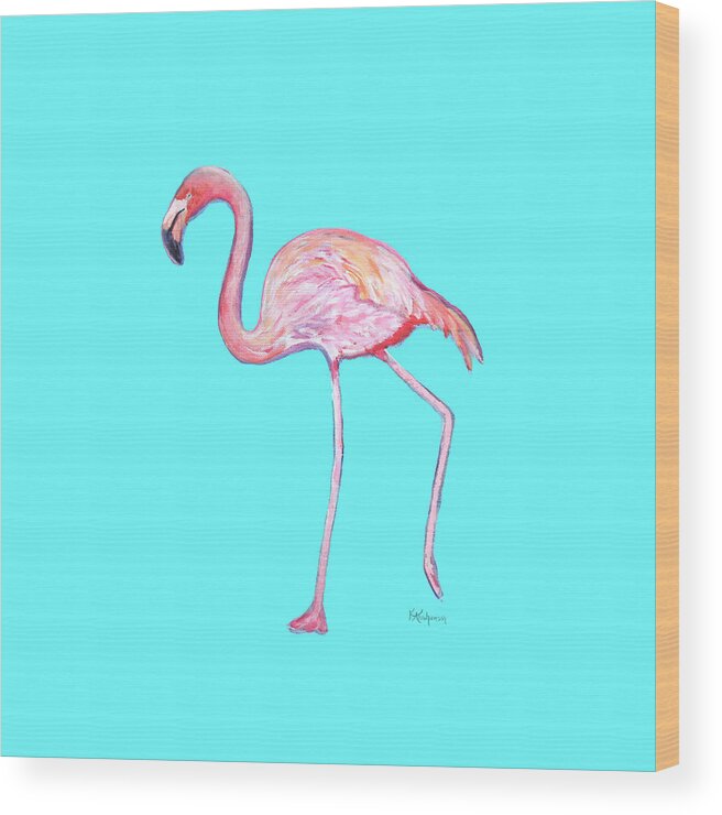 Flamingo On Blue Wood Print featuring the painting Flamingo on Blue by Kristen Abrahamson