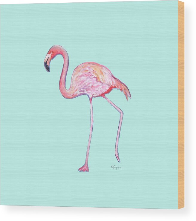 Flamingo On Mint Background Wood Print featuring the painting Flamingo on Mint Background by Kristen Abrahamson