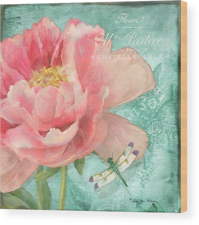 Dragonflies Wood Print featuring the painting Fleura - Peony Garden by Audrey Jeanne Roberts
