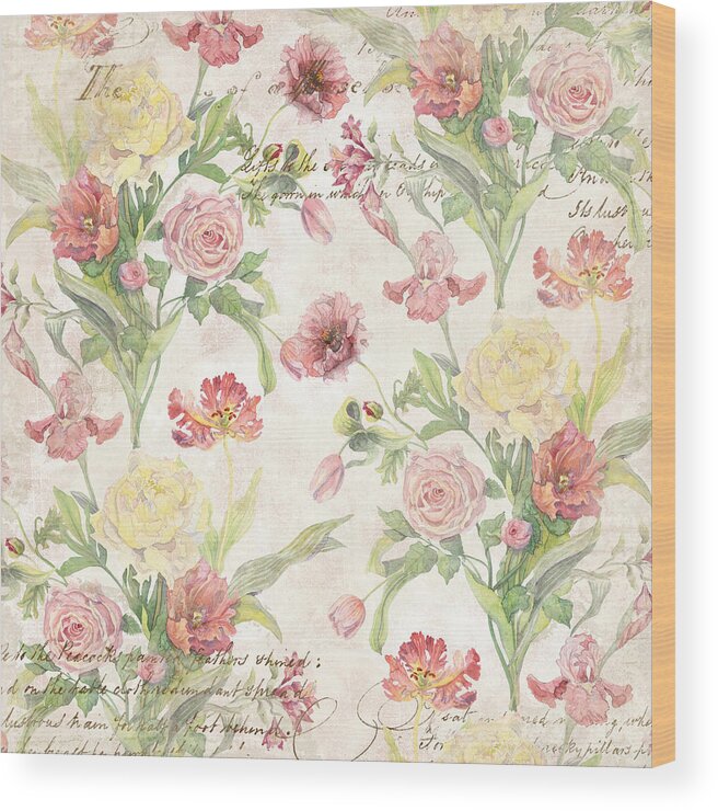 Peony Wood Print featuring the painting Fleurs de Pivoine - Watercolor in a French Vintage Wallpaper Style by Audrey Jeanne Roberts