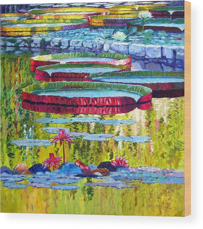 Lily Pond Wood Print featuring the painting Floating Parallel Universes by John Lautermilch