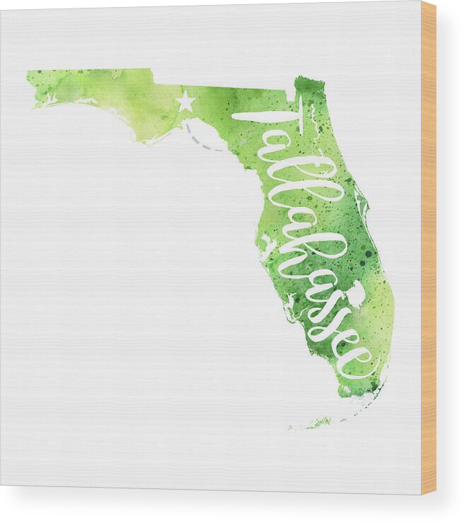 Painting Wood Print featuring the painting Florida Watercolor Map - Tallahassee Hand Lettering by Andrea Hill