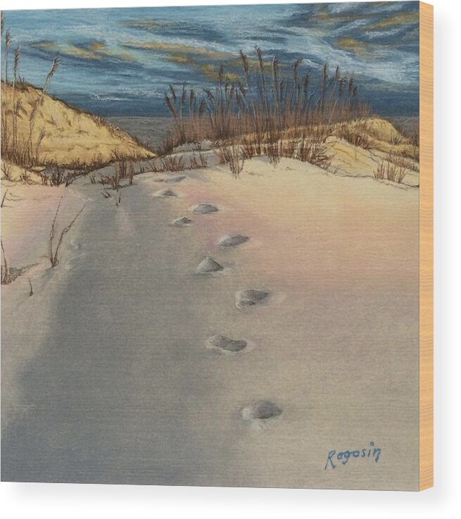 Landscape Wood Print featuring the painting Footprints in the Snowy Dunes by Harvey Rogosin