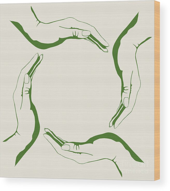 Symbol Wood Print featuring the digital art Four people hands making circle conceptual round green eco symbo by Maxim Images Exquisite Prints
