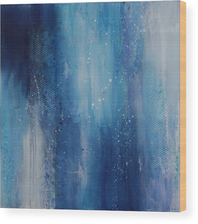 Mixed Media Abstract Textured Contemporary Acrylic Painting On Canvas In Blues Wood Print featuring the painting Freezing Rain #1 by Lauren Petit