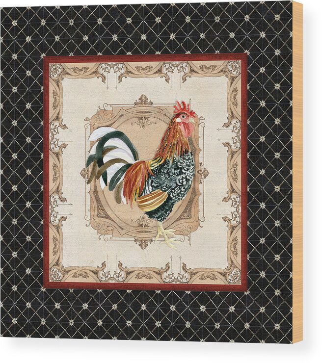 Etched Wood Print featuring the painting French Country Roosters Quartet Black 1 by Audrey Jeanne Roberts