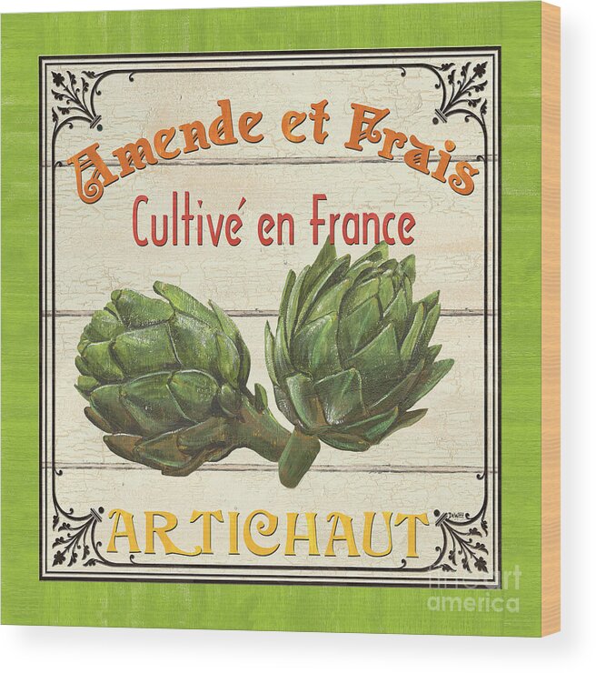 Artichokes Wood Print featuring the painting French Vegetable Sign 2 by Debbie DeWitt