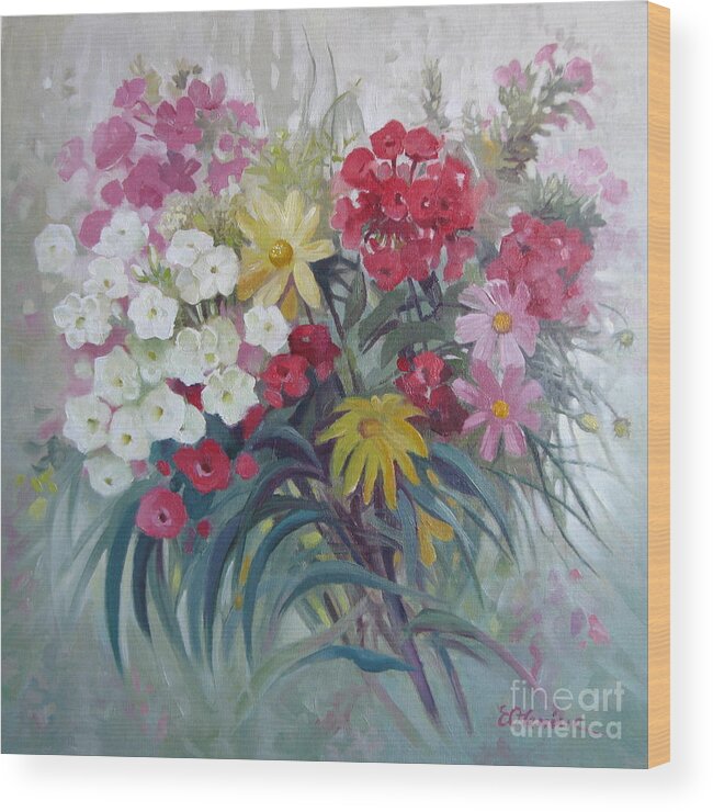 Phlox Wood Print featuring the painting From the Margaret garden by Elena Oleniuc
